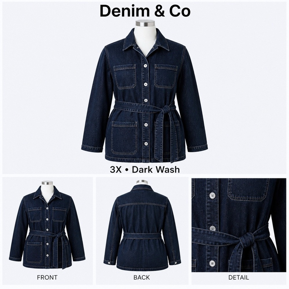 Denim & Co Womens 3X Easy Stretch Denim Chore Coat Jacket Dark Wash Belted NWT‎